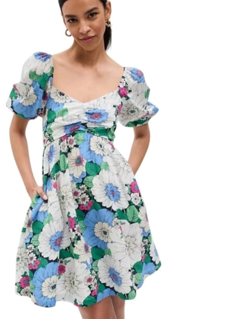 GAP Floral Puff-Sleeve Mini Dress in White and Blue